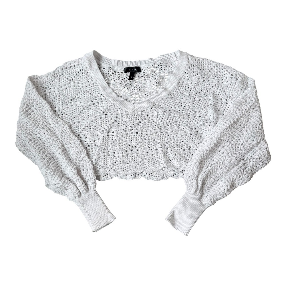 AQUA Women's Cropped Scalloped‎ Crochet V Neck Sweater Small Boho Festival Layer - Picture 2 of 4